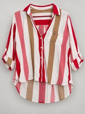 Velvet Heart Red Pink Tan Striped Button Up Blouse XL